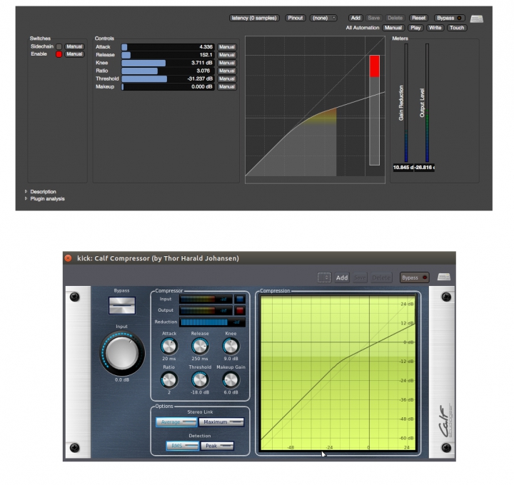 A-compressor vs Calf Compressor, plugin per Linux audio recording